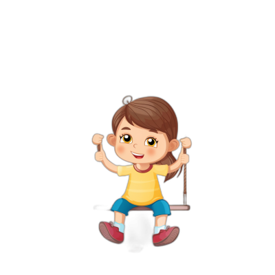 A cute cartoon girl sitting on a swing, smiling happily with her hands raised up and waving happily. She is wearing a yellow short-sleeved top and blue shorts against a black background. The illustration style is simple with lines and solid color blocks in a vector graphic format. High definition details show her full body in a closeup front view with a 2D flat design on a black background.