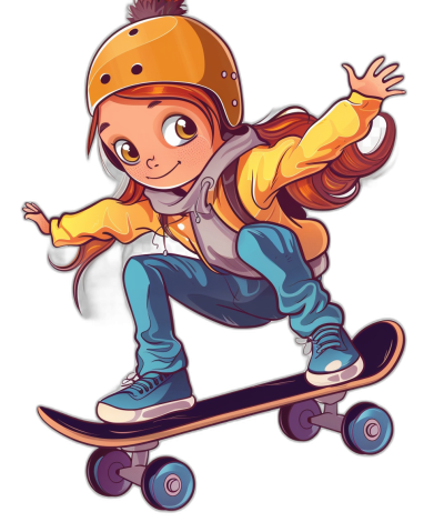 A cute cartoon girl on a skateboard in the style of clip art, isolated against a black background.