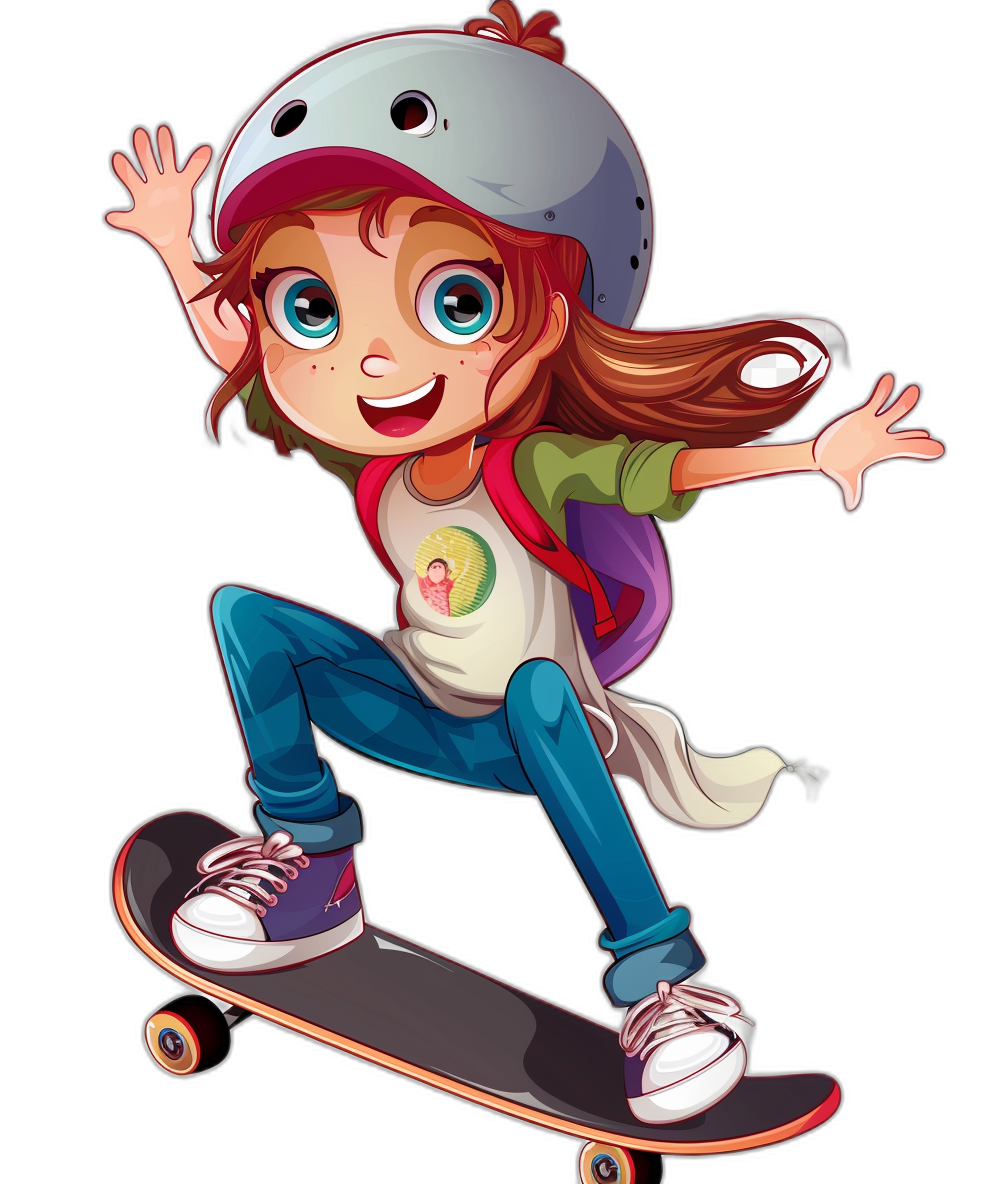 Cute cartoon girl on skateboard, vector illustration, solid black background, happy and excited face expression, wearing helmet with white cap, blue eyes, red hair in ponytail, pink shirt, green emblem tshirt, baggy jeans, purple sneakers, Pixar style character design, colorful, full body shot,