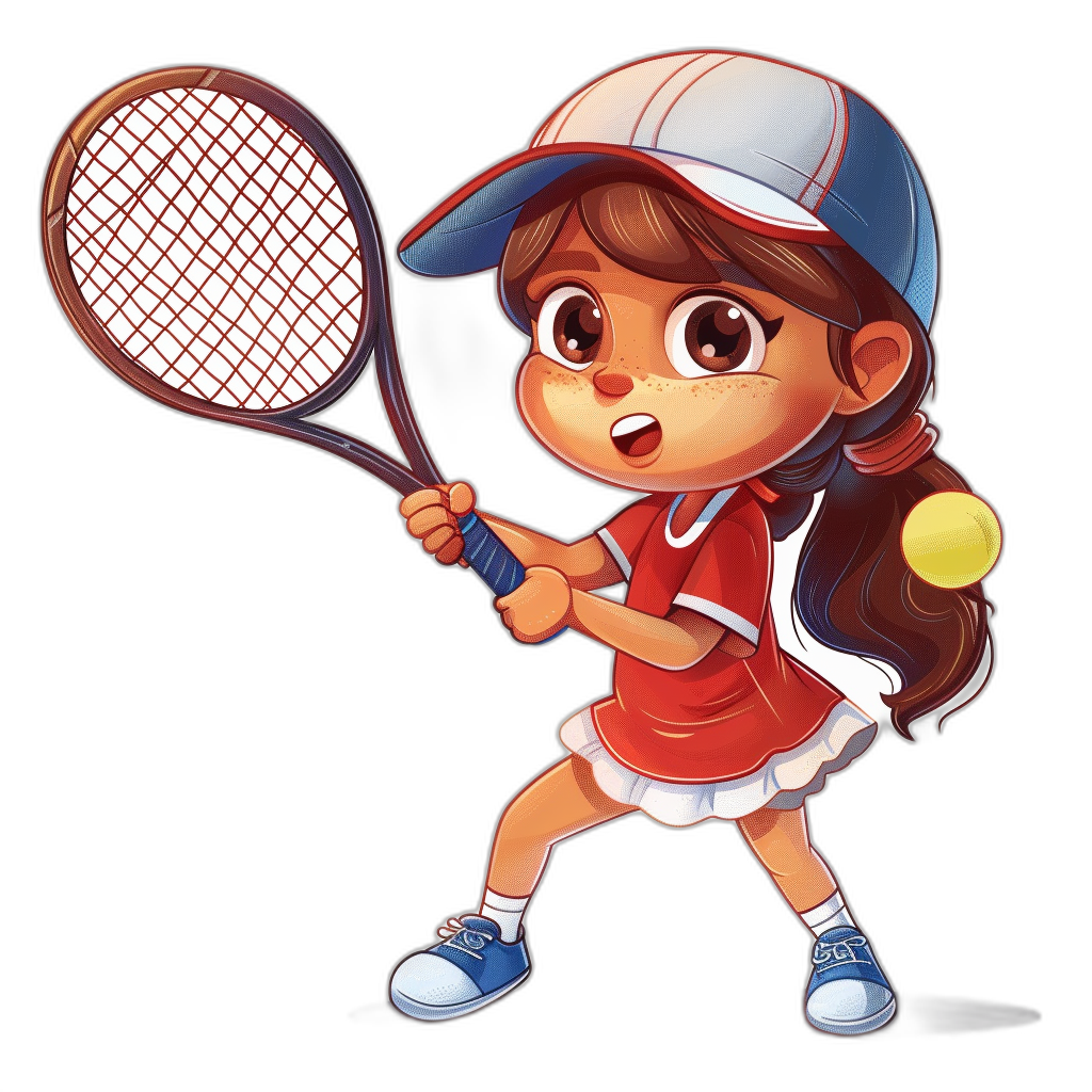 chibi illustration of girl playing tennis, red and blue , white cap with light brown hair, black background, vector art style, high resolution, professional studio lighting,