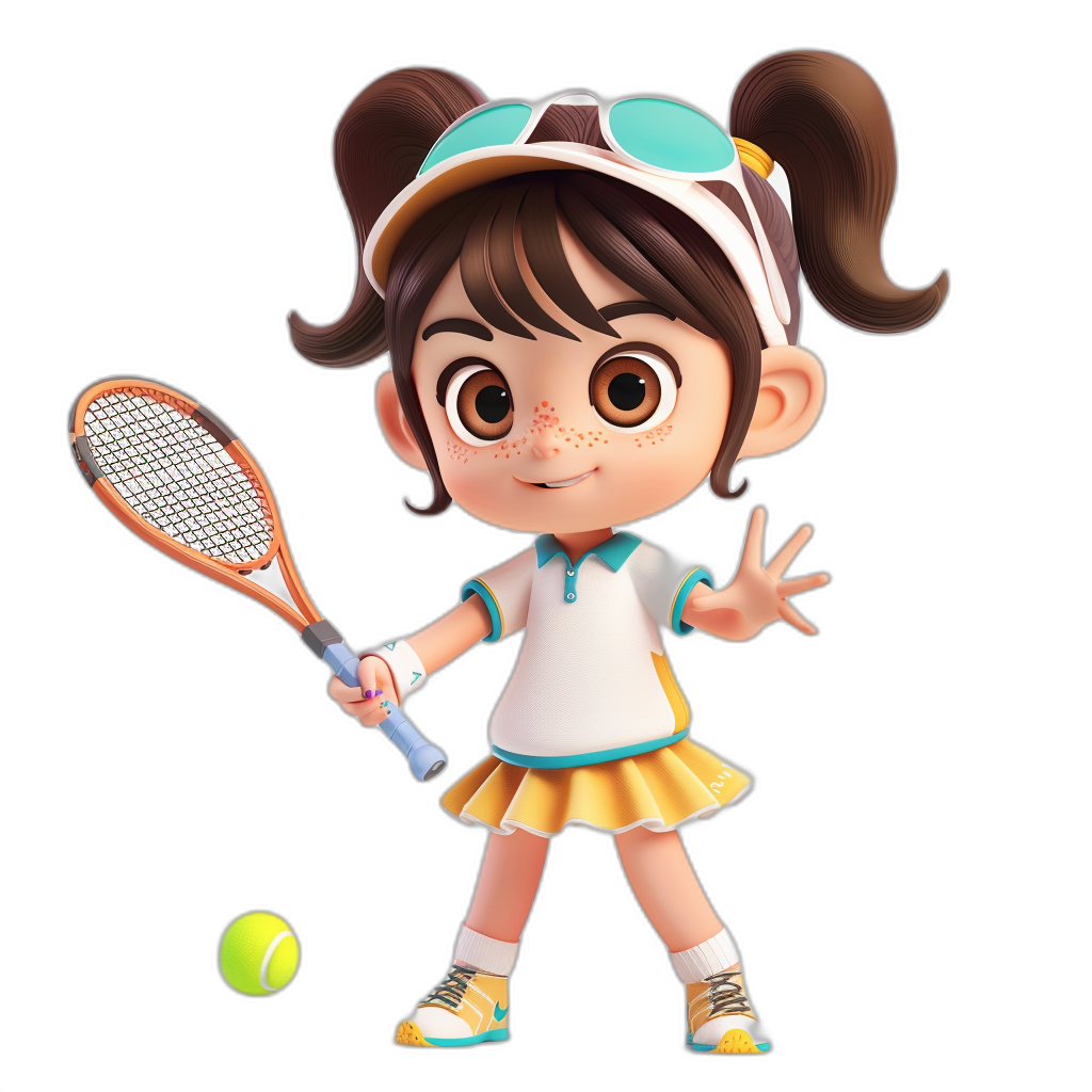 Cute girl playing tennis in the style of Pixar and Disney, with cute brown hair in two pigtails wearing a white headband on her forehead, light blue eyes, a happy face expression, holding a racket and hitting a ball, a short yellow skirt, a full body shot, on a simple black background, a 3D rendering in the Pixar cartoon style, a cute character design with bright colors, at a high resolution and super detailed.