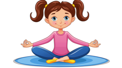 A cartoon girl doing yoga, vector illustration with a black background and flat design style, simple and cute, with colorful colors, wearing a pink long-sleeved top and blue pants, sitting on the ground in a lotus position for meditation, hair tied back into two pigtails, eyes closed, smiling expression. She has yellow shoes at her feet. No text or other elements present. Isolated object ready to be used as a clipart element in the style of flat design.