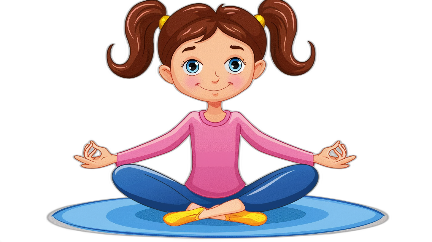 A cartoon girl doing yoga, vector illustration with a black background and flat design style, simple and cute, with colorful colors, wearing a pink long-sleeved top and blue pants, sitting on the ground in a lotus position for meditation, hair tied back into two pigtails, eyes closed, smiling expression. She has yellow shoes at her feet. No text or other elements present. Isolated object ready to be used as a clipart element in the style of flat design.