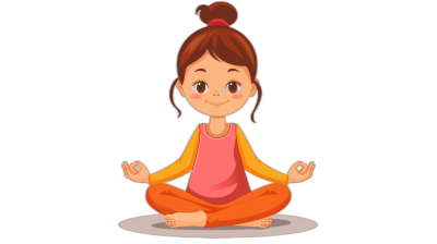 A cute little girl doing yoga in a simple flat cartoon style vector illustration with a black background. She is wearing an orange and pink top paired with a long-sleeved shirt and has brown hair in pigtails. Her eyes have big eyelashes and she smiles while sitting cross-legged on the ground in a lotus position. The light illuminates her from above left to right.