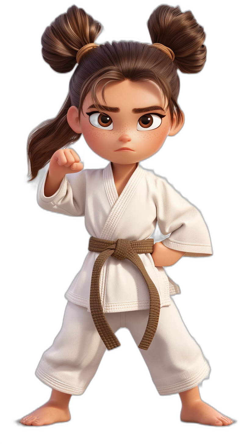 3D cute girl with brown hair in a white karate outfit, ready in a fighting pose, black background, chibi style, Disney Pixar cartoon character in the style of chibi.