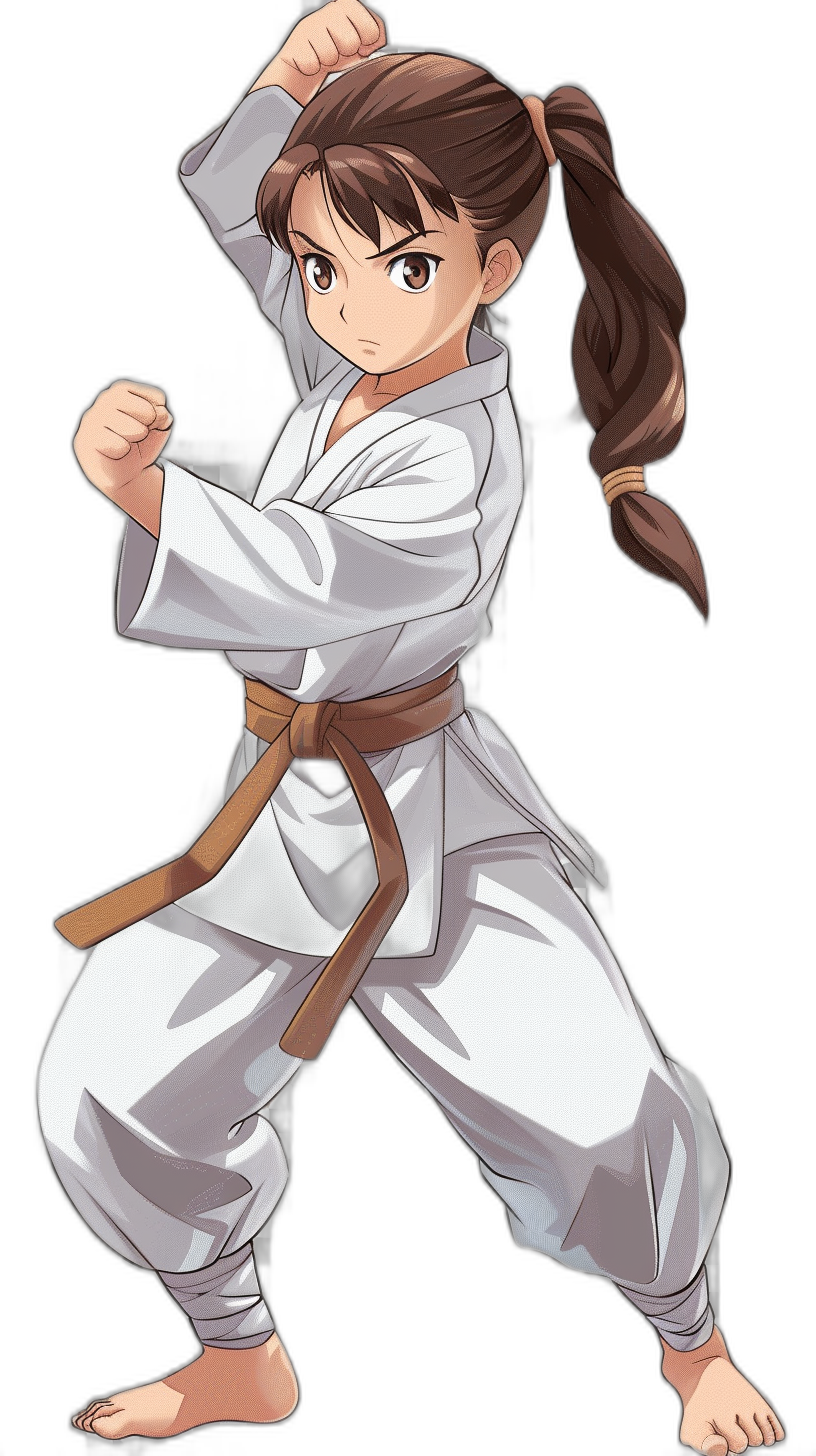 An anime-style full body profile picture of the character Shino Akebi, with brown hair in a ponytail with bangs, wearing a white karate outfit and belt. She is doing an upper body self-blocked stance with her right leg forward and left arm up to her head. Her expression should convey confidence as she stands ready for combat. The background must be black.