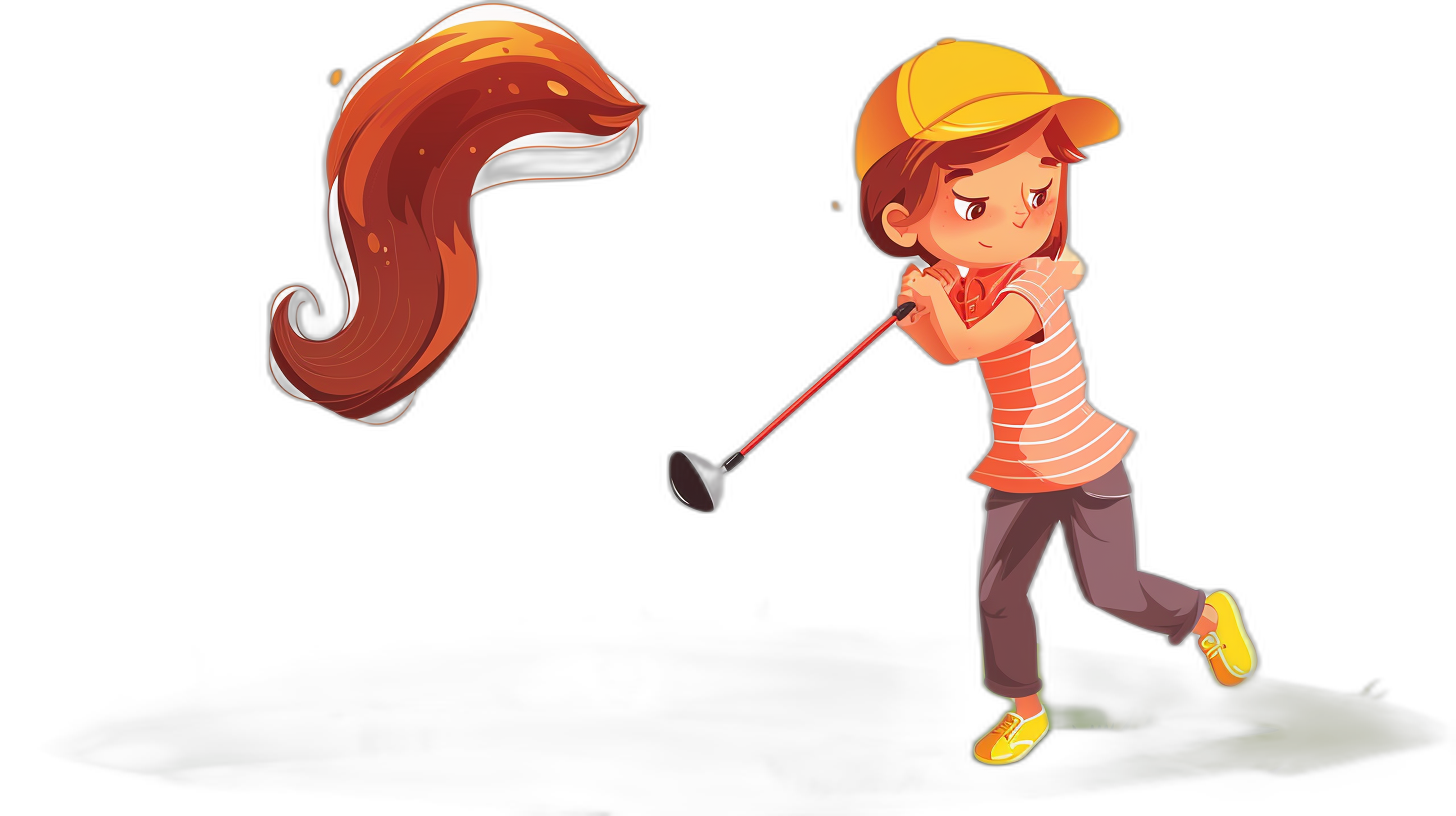 A cute little girl playing golf in the style of a vector illustration. The style uses simple shapes and a cartoon character with an orange and yellow color scheme on a black background. The boy is wearing a baseball cap with red hair in front of him. He has long brown pigtails and a long tail-like tail that curls up at one end hangs down his back from behind her head. Holding a club in the style of a cartoon art with a simple flat design and vector graphic style. The 2D game asset shows a 45 degree angle view of a full body shot.