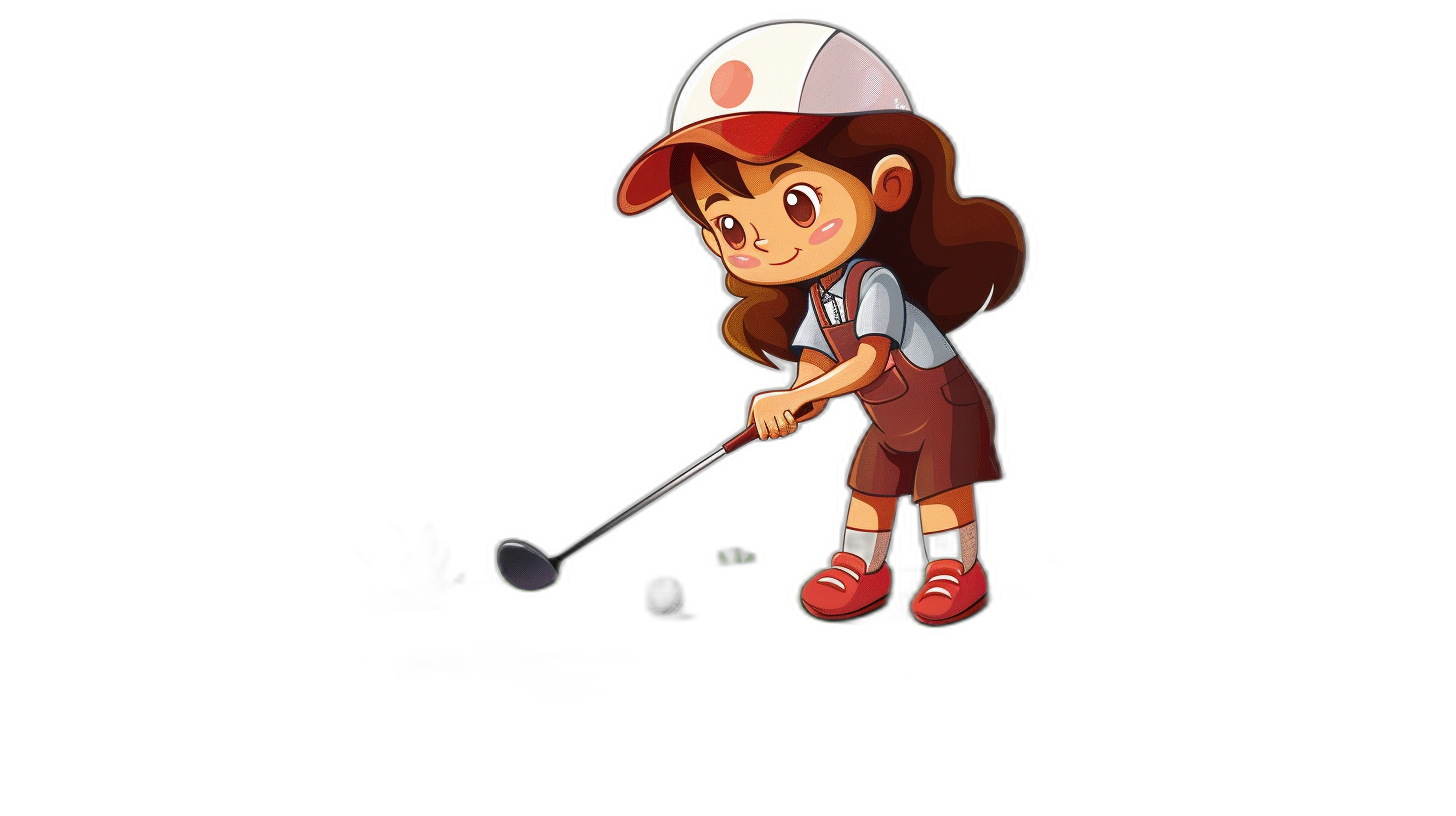 A young girl playing golf is depicted in the style of Mario’s hat from Nintendo. She wears red shoes and a white cap, with a cartoon style vector illustration on a black background. The character has simple lines and flat colors in a similar manner. She has brown hair and wears an oversized short-sleeved shirt underneath shorts. Her posture shows she carefully hits the ball using a small club, capturing the essence of classic video game art styles. The illustration has a black background and is in vector format.