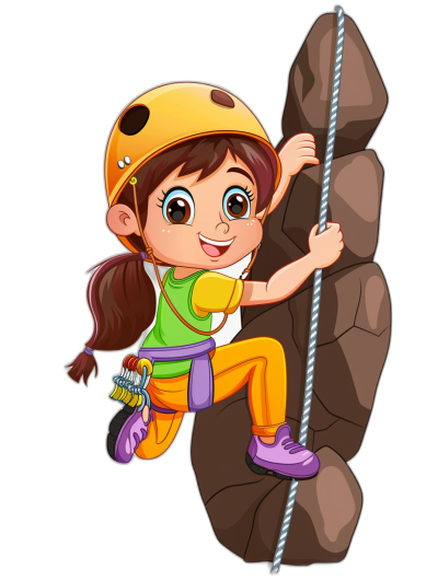 A cartoon girl climbing rocks with a helmet and rope in the style of vector design clip art for stickers on a black background, HD quality.