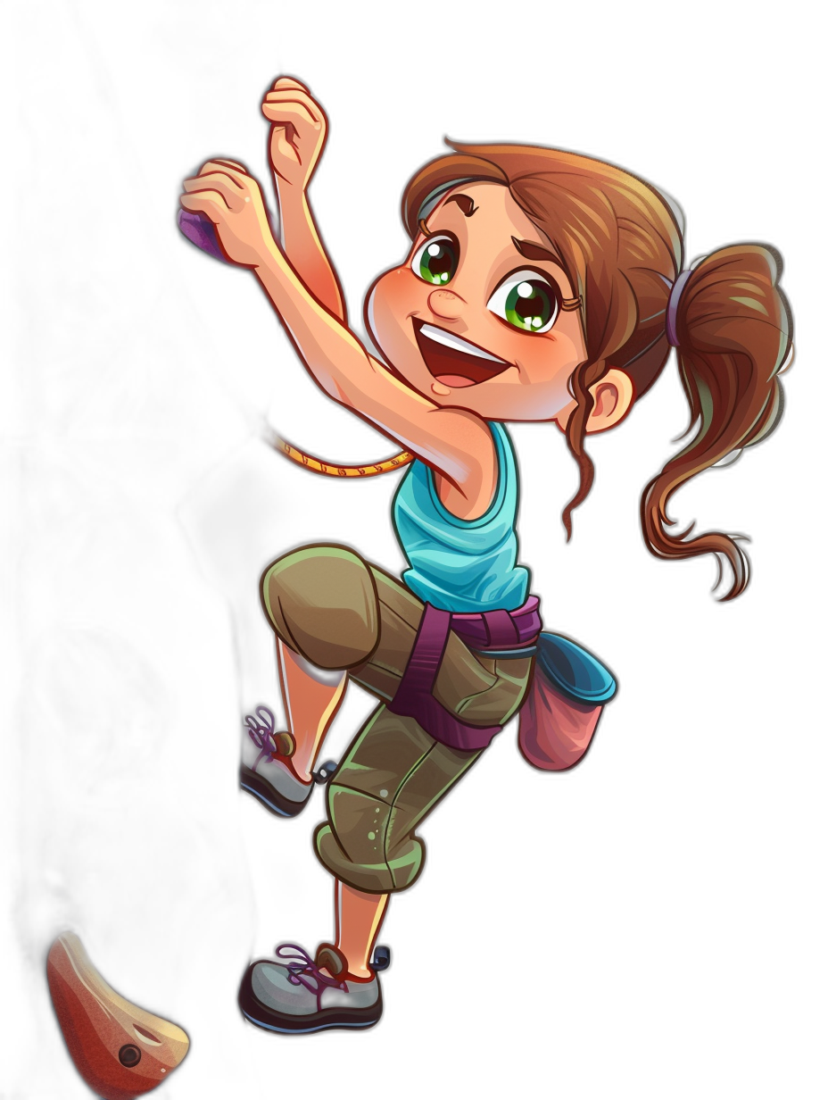 A cartoon of an excited girl climbing on a black background, wearing a blue top and green short pants with purple shoes, she has brown hair in pigtails, big bright eyes, a playful smile, character design in the style of Pixar.