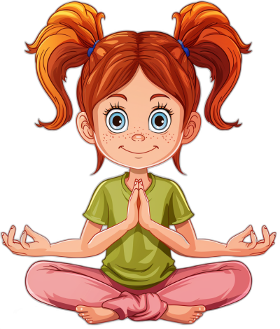 Cute cartoon girl doing yoga, vector illustration on a black background, with a cute and friendly face featuring big blue eyes and red hair in pigtails, wearing a green t-shirt and pink pants, with hands folded at the chest in a pose like praying, sitting in a crosslegged or lotus position, with a smiling and peaceful expression, in a simple flat design style with solid colors and clean lines, suitable for children's book illustrations or T shirt prints in the style of a simple flat design with solid colors and clean lines.