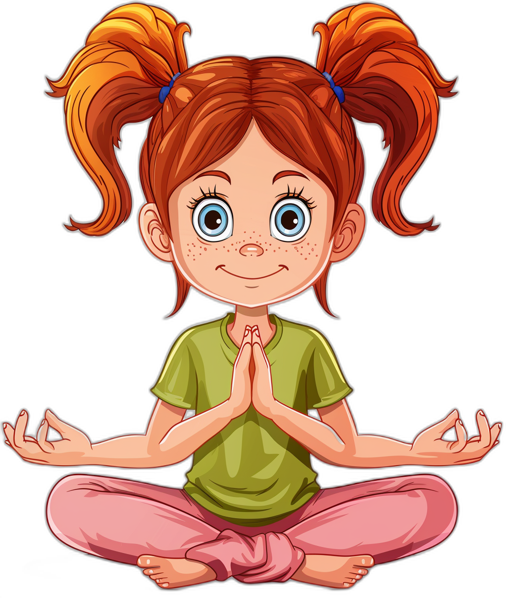 Cute cartoon girl doing yoga, vector illustration on a black background, with a cute and friendly face featuring big blue eyes and red hair in pigtails, wearing a green t-shirt and pink pants, with hands folded at the chest in a pose like praying, sitting in a crosslegged or lotus position, with a smiling and peaceful expression, in a simple flat design style with solid colors and clean lines, suitable for children’s book illustrations or T shirt prints in the style of a simple flat design with solid colors and clean lines.