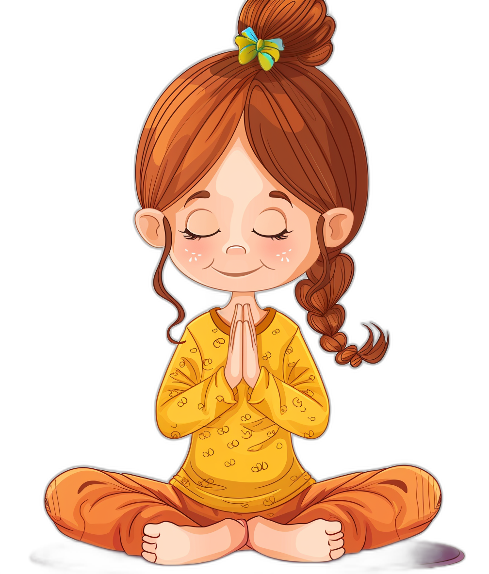 cartoon illustration of cute little girl doing yoga, wearing yellow pajamas and orange pants with brown hair in pigtails , praying pose, black background, clip art style