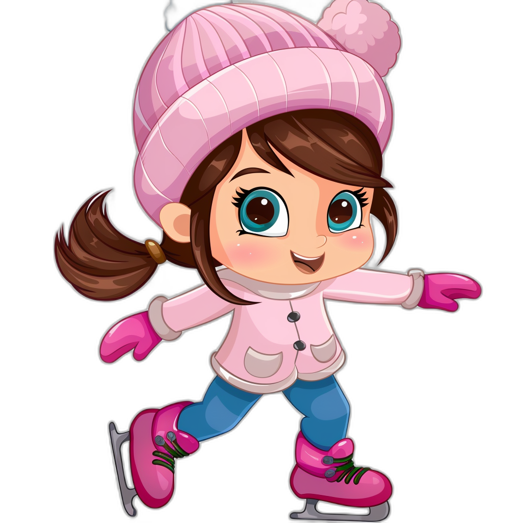 A cute little girl ice skating in the style of clip art, cartoon style with a pink hat and coat against a black background.