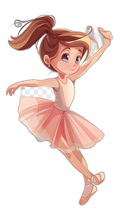 Cartoon illustration of little girl ballet dancer, wearing pink tutu and pointe shoes, brown hair in ponytail with bangs, dynamic pose on black background, cute chibi style, high resolution vector illustration, full body portrait, high quality, high detail, high contrast, white outline stroke, white color palette, isolated by transparent png mask