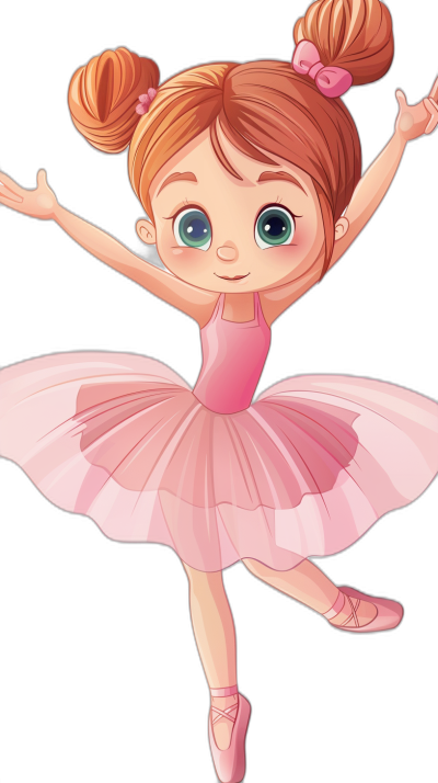 Cute cartoon ballerina in a pink dress, doing a ballet pose on a black background, vector illustration for a kids book in the style of [Raina Telgemeier](https://goo.gl/search?artist%20Raina%20Telgemeier), cute cartoon style, high resolution