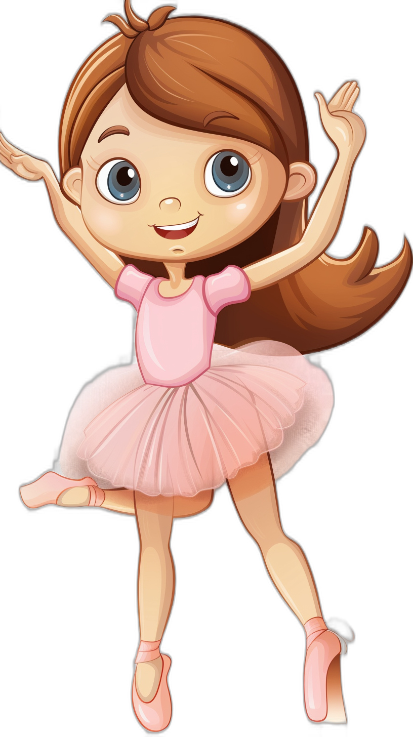 Cute cartoon girl ballerina clip art, dancing in a pink tutu skirt and pointe shoes on a black background, vector illustration for a book cover design. A cartoon character of a little brown-haired princess with big eyes smiling and twirling with perfect face proportions. A full body portrait in the style of Pixar. Vector style in the center on an isolated black background without shading. A cute cartoon design in a 2D flat style similar to Disney Pixar.