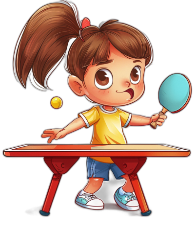 A cute little girl playing table tennis, vector illustration in the style of cartoon, black background, 2D game art, cute character design, high resolution, high quality