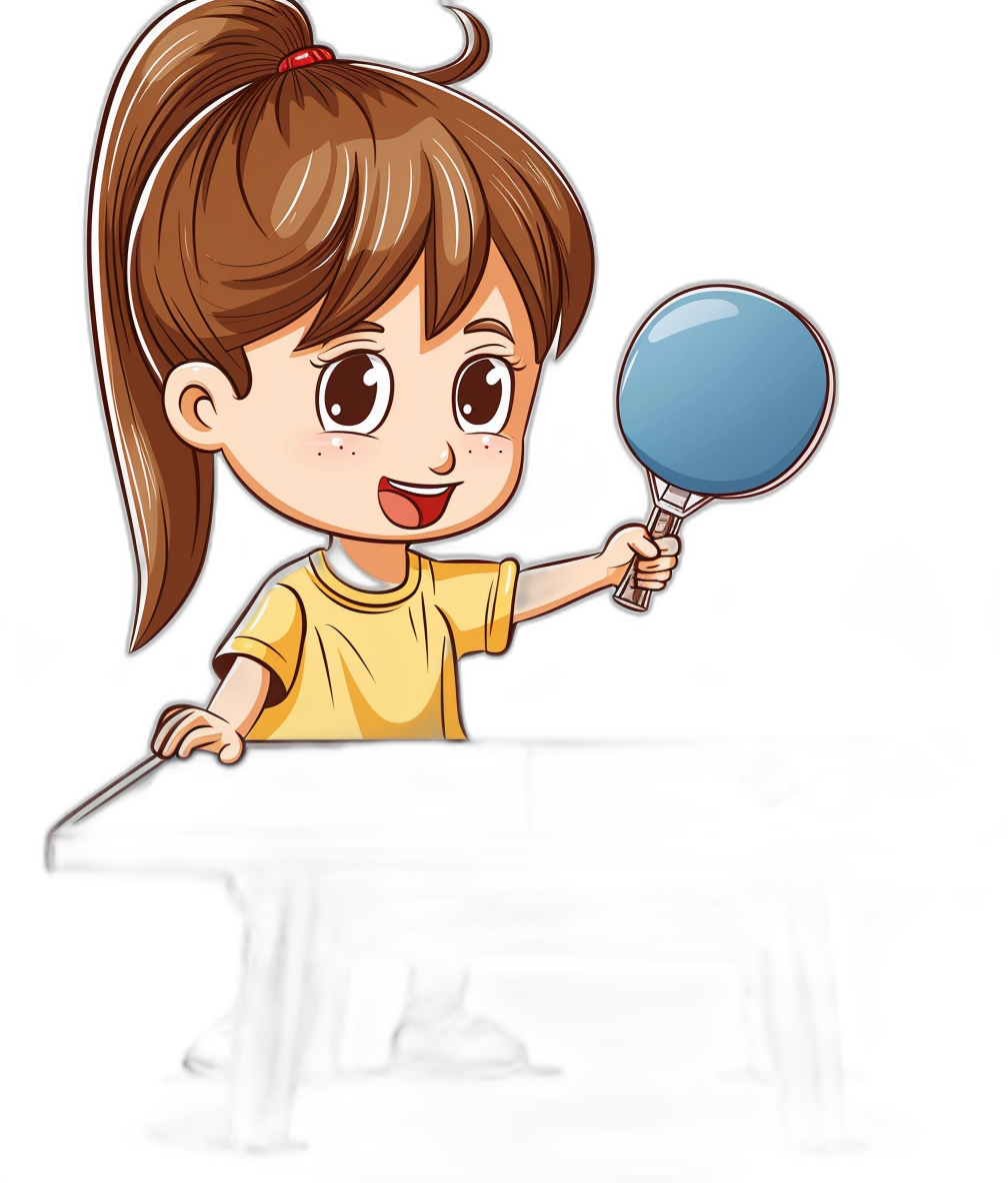 A cute little girl holding a blue magnifying glass, sitting at the piano in a yellow shirt with her brown hair in a ponytail in the style of a cartoon vector illustration on a black background