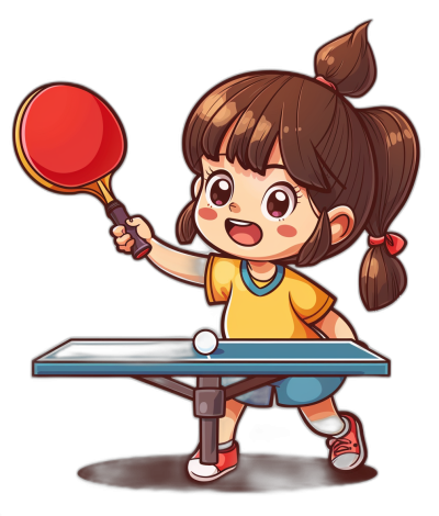 A cute little girl is playing table tennis, holding the paddle and hitting it hard with her head up high. She has brown hair in pigtails, wearing yellow short sleeves and red shoes on a black background, in the style of a vector illustration. The character's facial features have clear details and bright colors.