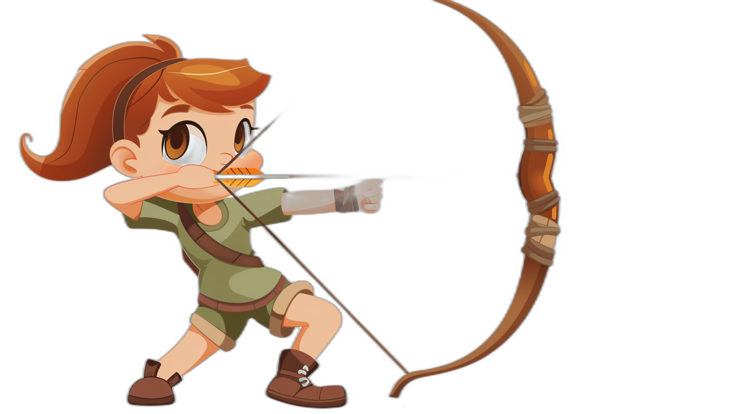 A cartoonstyle archer character, designed in the cute and vibrant style of Pixar animation. The bow is drawn back with an arrow at full height ready to shoot. She has short brown hair tied into pigtails, big eyes, wearing green , on black background. Full body view. Cartoon style.