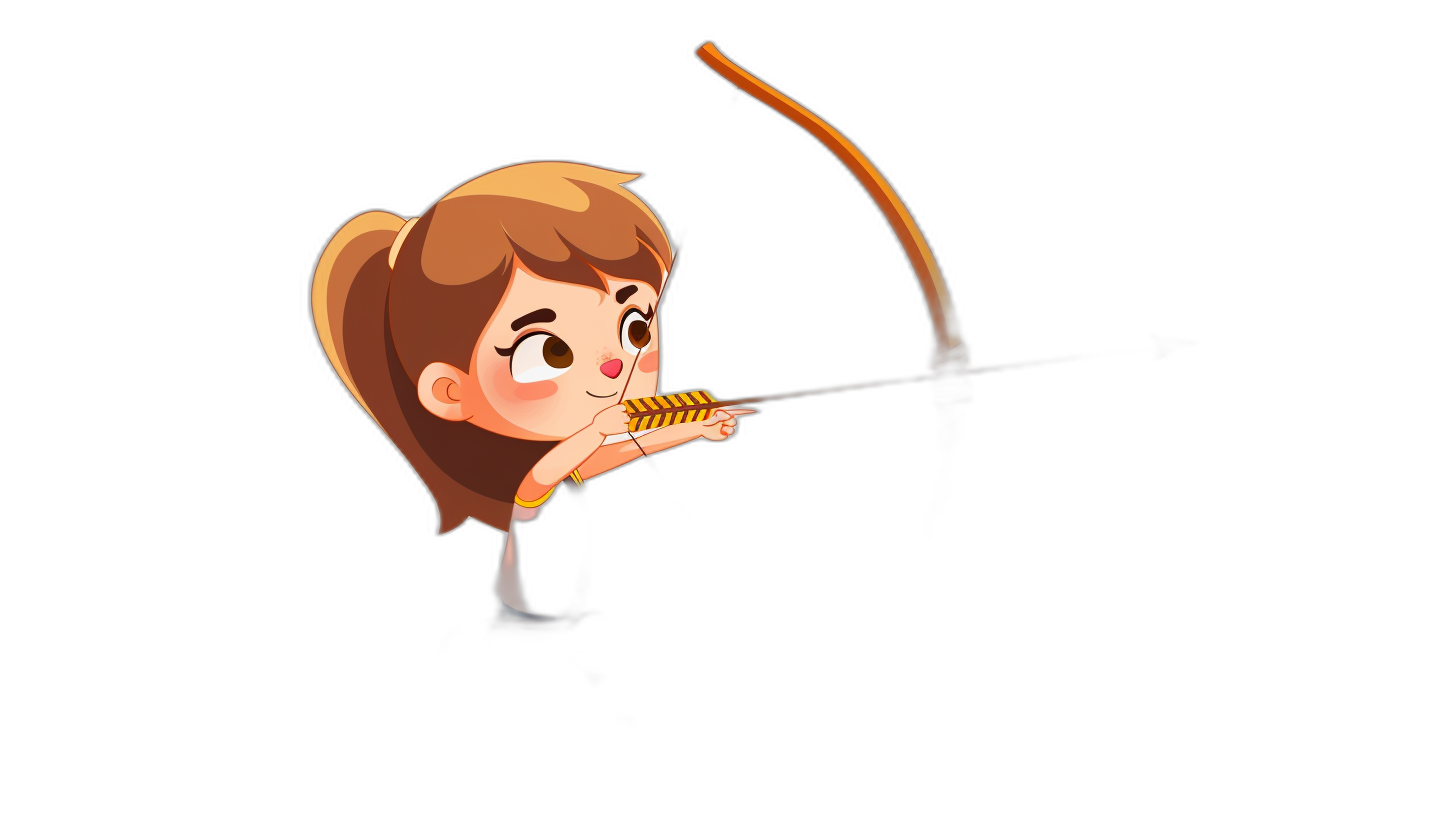 A cute cartoon girl is shooting with an arrow in a simple drawing style on a black background with simple lines and shapes in a flat illustration 2D design cartoon character with high resolution, high quality, and high detail vector graphics. The bow of the archer should be drawn above the top left corner of her head. She has brown hair in pigtails. Her eyes have big round white circles for pupils. Full body portrait of her as she holds arrows in both hands and jumps up to shoot one with her hand. There is wheat in the field. The style is reminiscent of cartoon artists.