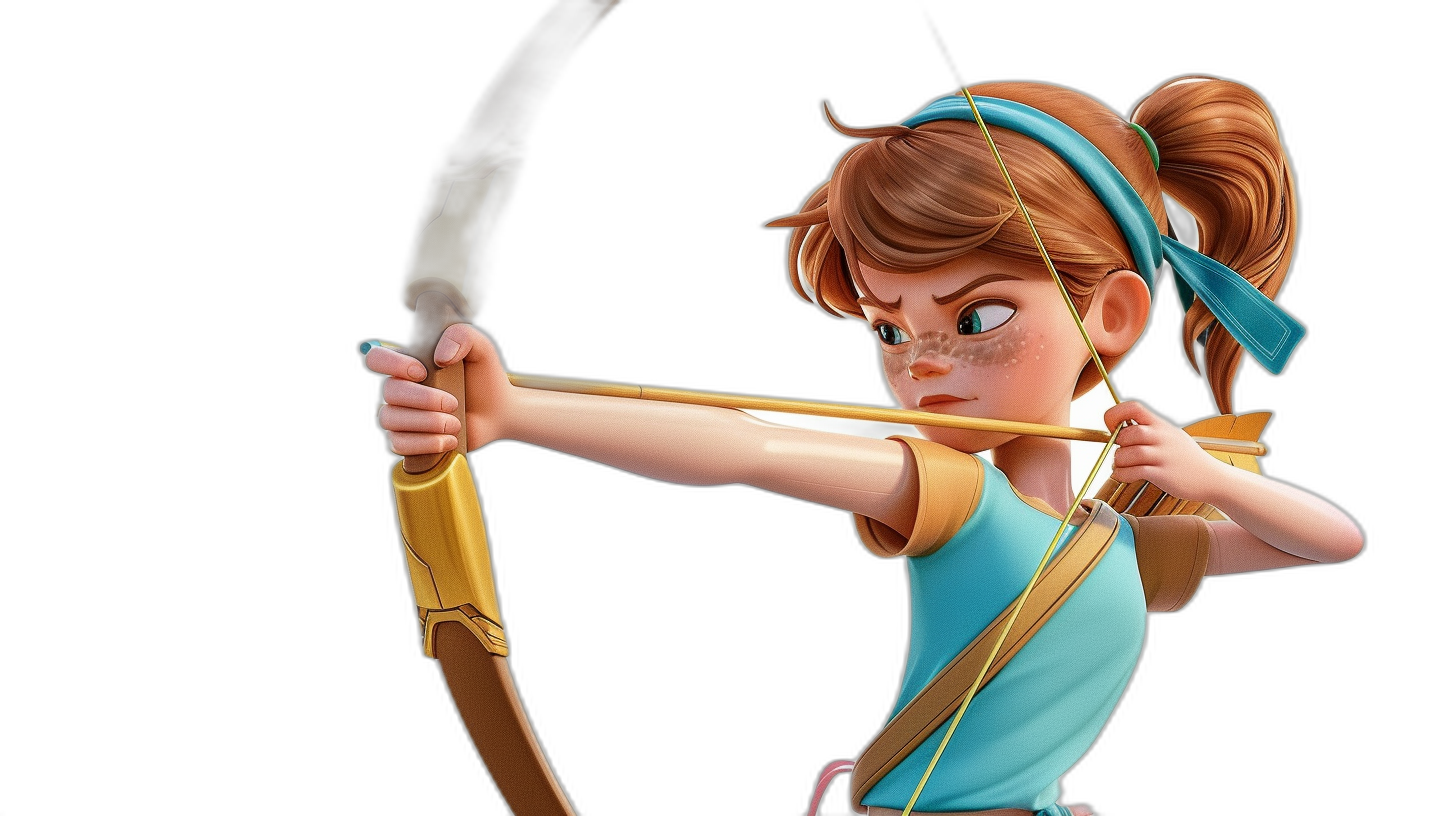 Cute cartoon style, in the style of Disney Pixar, a cute girl with blue eyes and brown hair in pigtails shooting an arrow, wearing a light turquoise t-shirt, with a golden bow on her back, against a black background, in the style of Disney cartoons, a full body shot, a 3D rendering, with high resolution, high details, high quality, high resolution, high quality, high detailed, with cinematic lighting, shadows, sharp focus, hyperrealistic, high contrast, rendered with octane, like a studio photo shoot with natural light, global illumination.