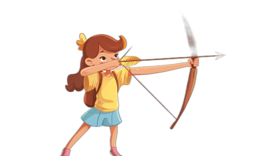 A girl in a yellow shirt and blue skirt, with her bow drawn back ready to shoot an arrow. She has brown hair and pink shoes. A full body cartoon illustration on a black background. In the style of Cartoon or Disney Pixar animation.