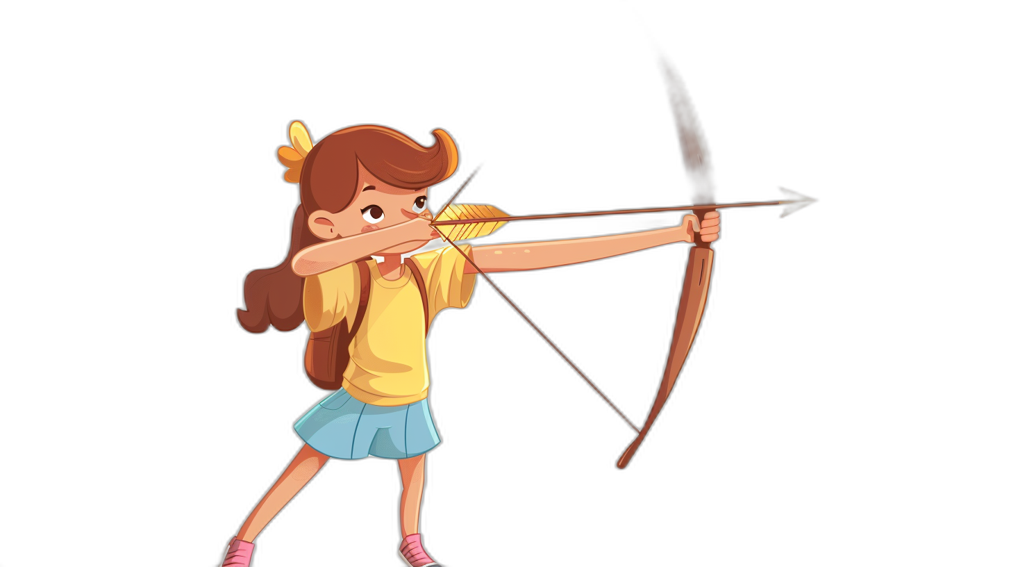 A girl in a yellow shirt and blue skirt, with her bow drawn back ready to shoot an arrow. She has brown hair and pink shoes. A full body cartoon illustration on a black background. In the style of Cartoon or Disney Pixar animation.