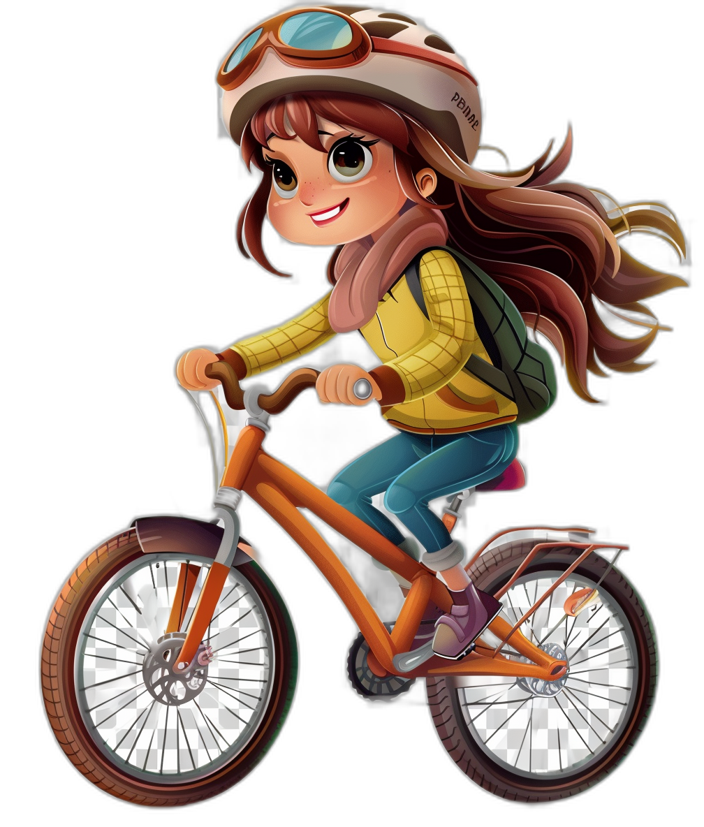 A cute girl is riding her bike, smiling and wearing a helmet and goggles on her head, with long brown hair in the style of Pixar cartoon character design. She wears a yellow shirt and blue jeans, with a black background and orange frame of the bicycle wheels. Full body portrait, high resolution, high quality.