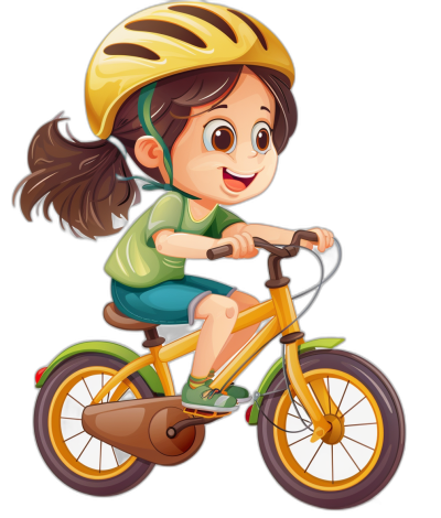 A cute little girl is riding her bike in a cartoon style vector illustration on a black background. The design is simple and clean with a yellow helmet and green shirt. She has big eyes and a happy expression. The illustration has the style of children's book illustrations with bold lines and simple details using simple color blocks. The image has high definition resolution, high quality, high detail, and high precision rendering.