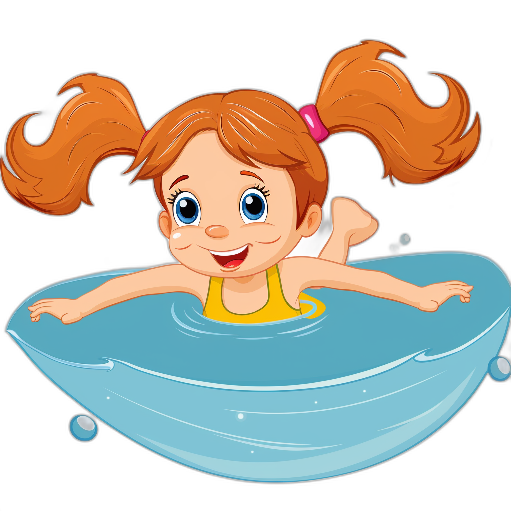 A cute cartoon girl swimming in the water, vector illustration style, black background, flat color blocks, simple design, bright colors, cartoon style, cartoon character design. The little princess has red hair and is wearing yellow with pink pigtails on her head. She floats inside an inflatable blue pool, smiling happily at us., focus to face, closeup view of upper body, simple line art, colorful cartoon style, colorful cartoon animation.