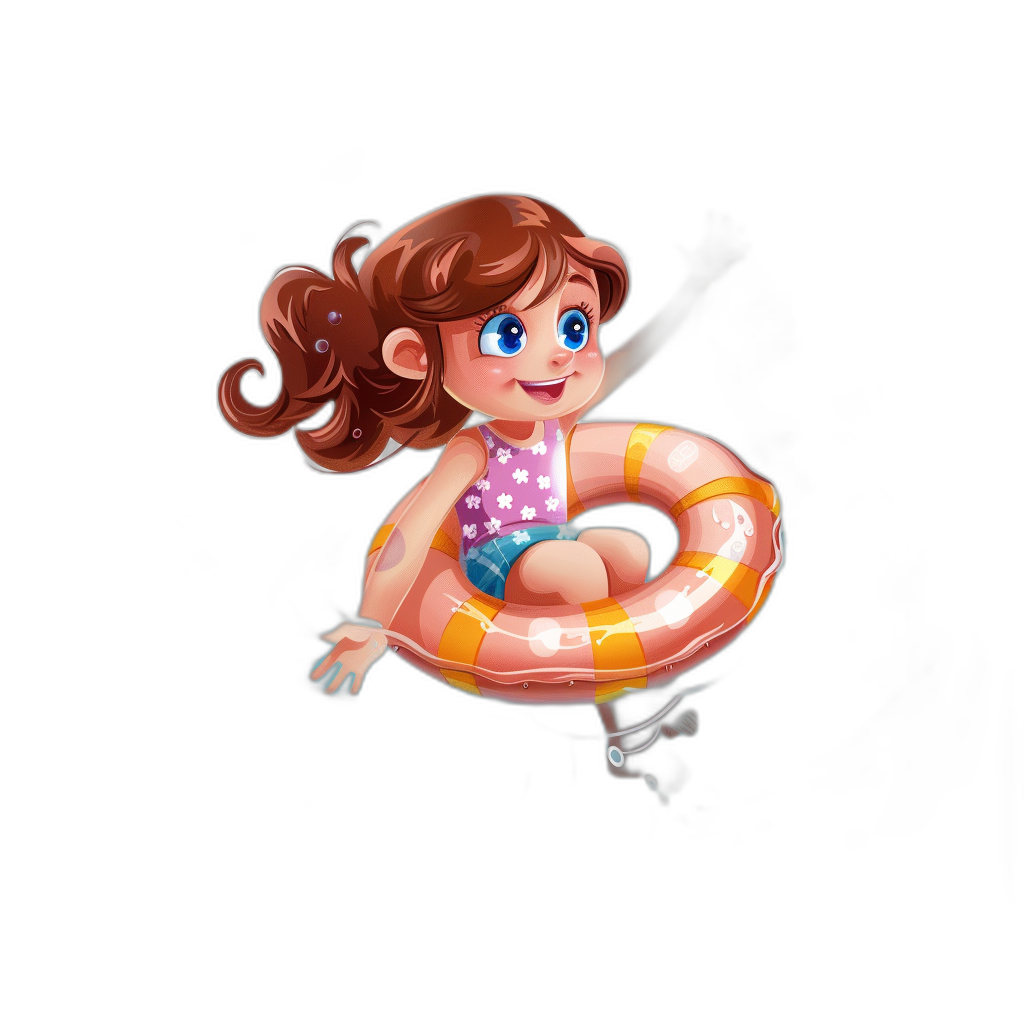 A little girl is floating on an inflatable ring. The design is simple with a flat vector illustration style against a black background. It is a cute cartoon character in a high resolution, high quality, high detail, high definition style with professional lighting and photography as well as professional color grading and clean sharp focus.