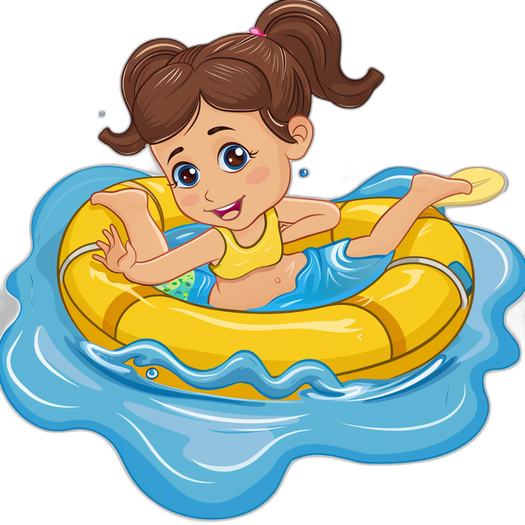 Cute cartoon girl swimming in an inflatable ring, vector illustration with black background. A happy little child wearing blue and yellow swim is floating on the water inside of a big rubber life tube that floats above it. She has brown hair tied into pigtails. The water splashes around her as she rides playfully through the waves. Her eyes sparkle with joy while she smiles and gives us a thumbs up for being so much fun to draw. Cartoon character design. Vector art style.