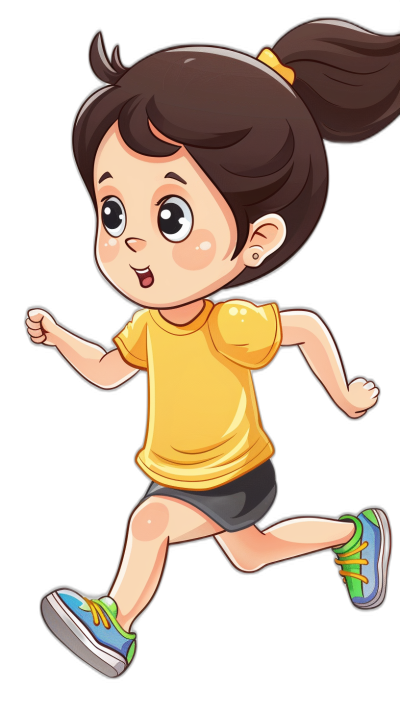 Cute cartoon girl running, vector illustration with black background. The little Asian schoolgirl is wearing yellow short sleeves and dark shorts for sportswear, ready to run. She has big eyes that sparkle when she runs happily. Her hair was tied in a ponytail. It's a simple yet charming character design with bright colors and clear lines. in the style of a simple yet charming character design with bright colors and clear lines.