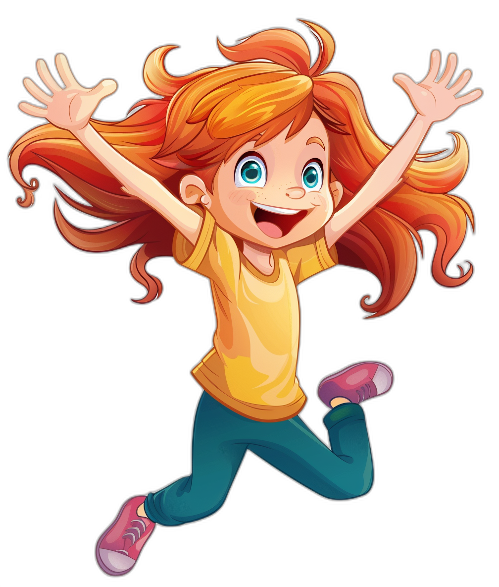 A happy red-haired girl jumping in the style of a children’s book illustration. The style is simple and cute with a full color illustration on a black background shown from the front view.