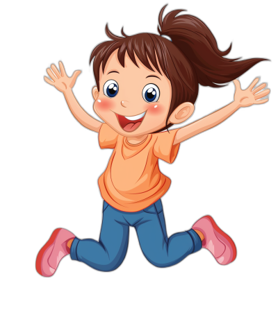 A cute cartoon girl is jumping with a happy expression. The style is simple with colorful . It is a vector illustration with a black background. She has short brown hair and blue eyes, wearing an orange t-shirt, jeans, and pink shoes. Her hands are raised in the air as if she is flying or dancing. The artwork should be colorful and lively, suitable for children to enjoy. The style is reminiscent of a cartoon.