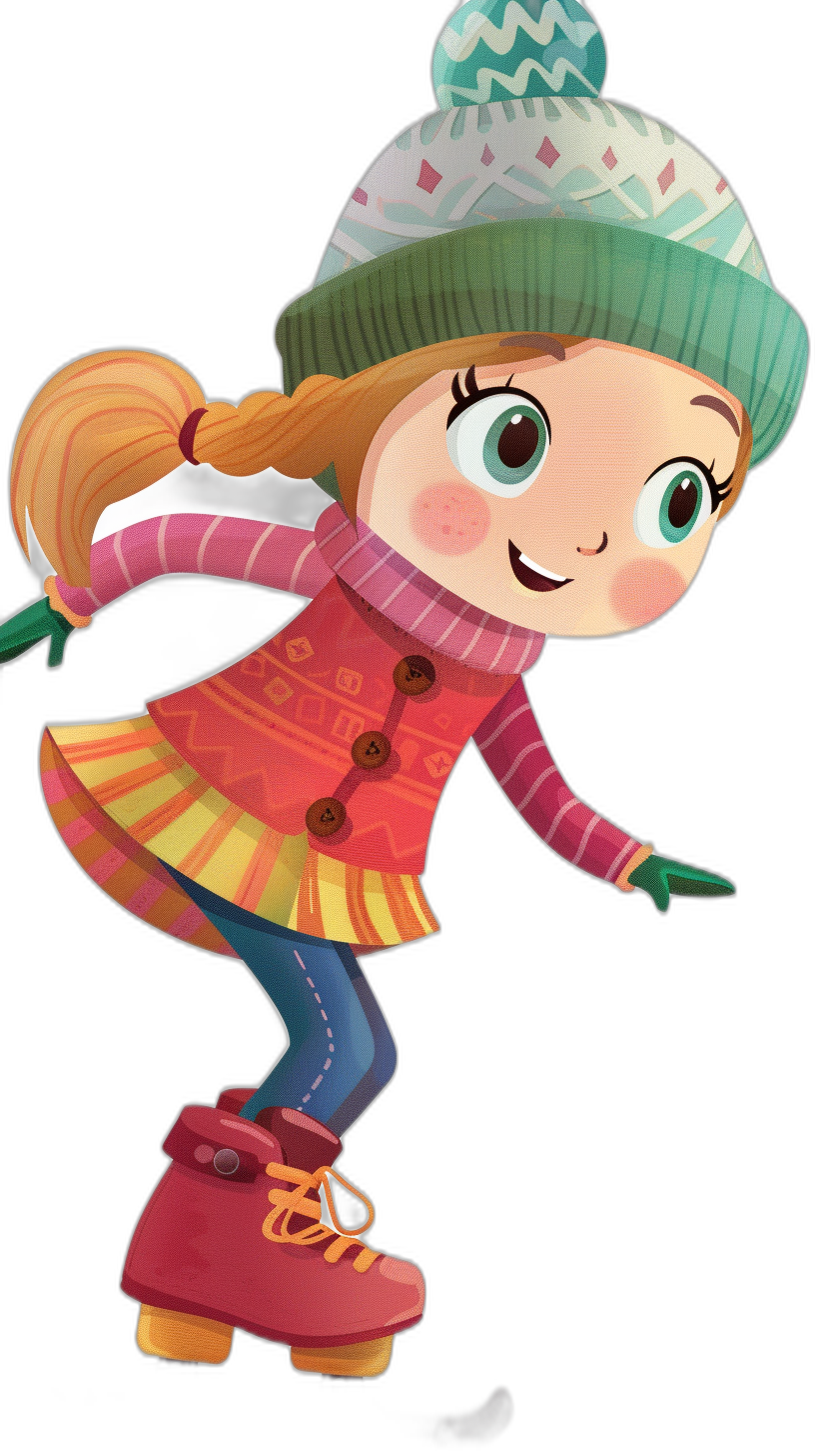 A cute girl in colorful winter and hat, ice skating on black background, pixar style cartoon character, full body shot, high resolution,