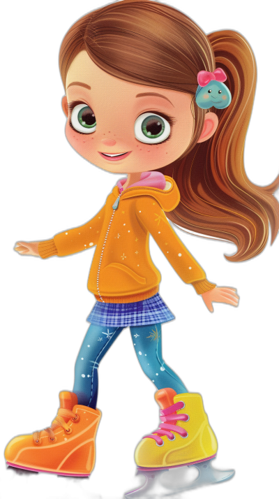 A cartoon girl ice skating, wearing an orange jacket and blue tights with pink boots on her feet, brown hair in a ponytail, green eyes, black background, in the clipart style, in the style of Pixar.