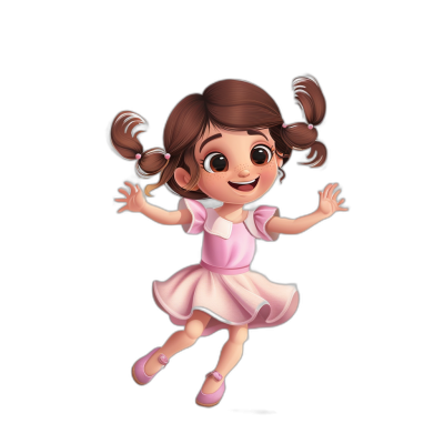 A cute little girl, wearing a pink dress and shoes, is jumping in the air with a happy expression, big eyes, brown hair with two pigtails tied on one side, against a black background, in the style of Disney with a cartoon character design, in the Pixar animation style, with high definition.