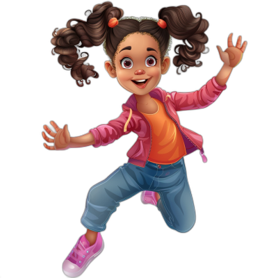 A cute young girl character with pigtails, pink shoes and jeans jumping in the air on a black background in the style of Pixar. She has an orange shirt underneath her jacket and she is smiling. Her hair should be curly.