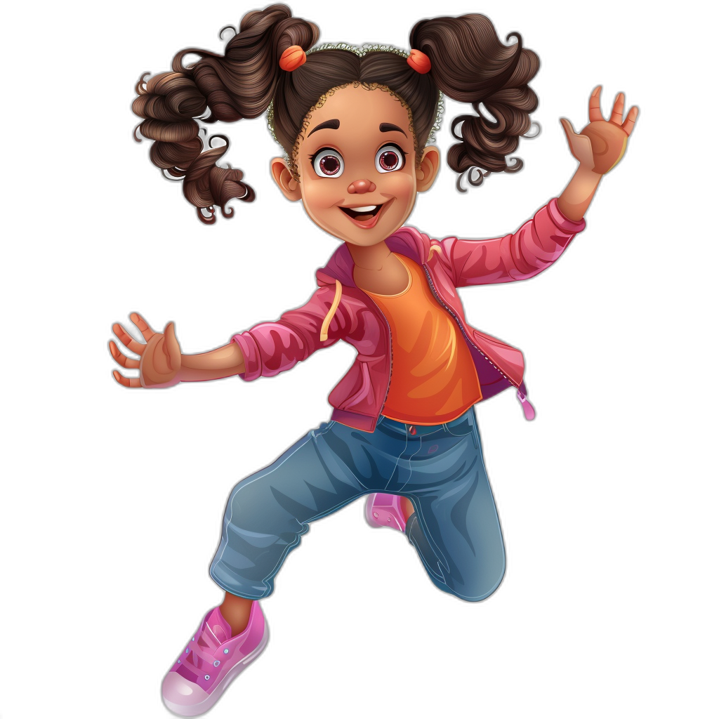 A cute young girl character with pigtails, pink shoes and jeans jumping in the air on a black background in the style of Pixar. She has an orange shirt underneath her jacket and she is smiling. Her hair should be curly.