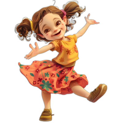 A cute little girl in the style of Disney, cartoon character design jumping pose, black background, wearing an orange and yellow short-sleeved top with floral patterns on the sleeves, red flower skirt, brown shoes, double ponytail hair, smiling face, big eyes, high definition, full body portrait, full of vitality. Pixar style cartoon character design, black background, high resolution HD.