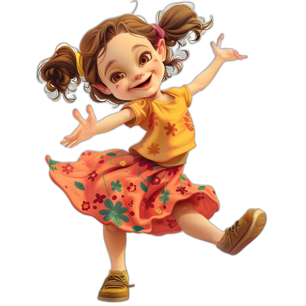 A cute little girl in the style of Disney, cartoon character design jumping pose, black background, wearing an orange and yellow short-sleeved top with floral patterns on the sleeves, red flower skirt, brown shoes, double ponytail hair, smiling face, big eyes, high definition, full body portrait, full of vitality. Pixar style cartoon character design, black background, high resolution HD.