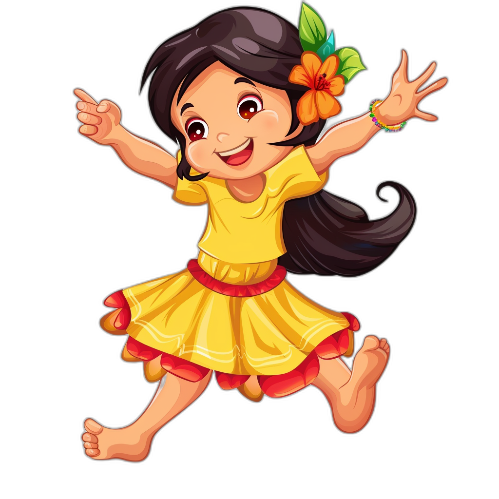 A cute smiling Hawaiian girl in yellow skirt jumping, cartoon style vector illustration on black background