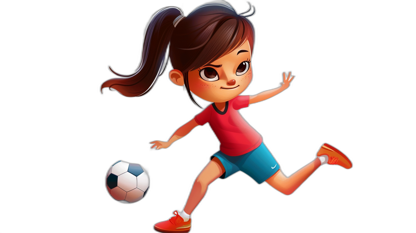 A cute little girl is playing football in a cartoon style on a simple black background. It is a full body shot with a cartoon character design sheet. The rendering is 3D in the style of Disney Pixar animation. The illustration has cute and adorable characters on a solid color background. The girl is wearing a red t-shirt with blue shorts and has long brown hair in a ponytail hairstyle. She is holding the ball on her foot ready to kick it.