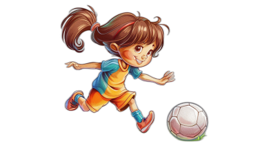 A cute little girl is playing football in the style of a cartoon. The simple drawing has a black background with a cartoon character design. The colorful  includes a blue and orange outfit with short brown hair in pigtails. She is jumping in the air to kick the ball with a smiling face and big eyes with long eyelashes. The full body shot is a 2D illustration with a simple drawing on a black background in a cartoon character design style. The colorful lighting uses a cartoon character design with a fullbody shown in a 3/4 angle perspective.