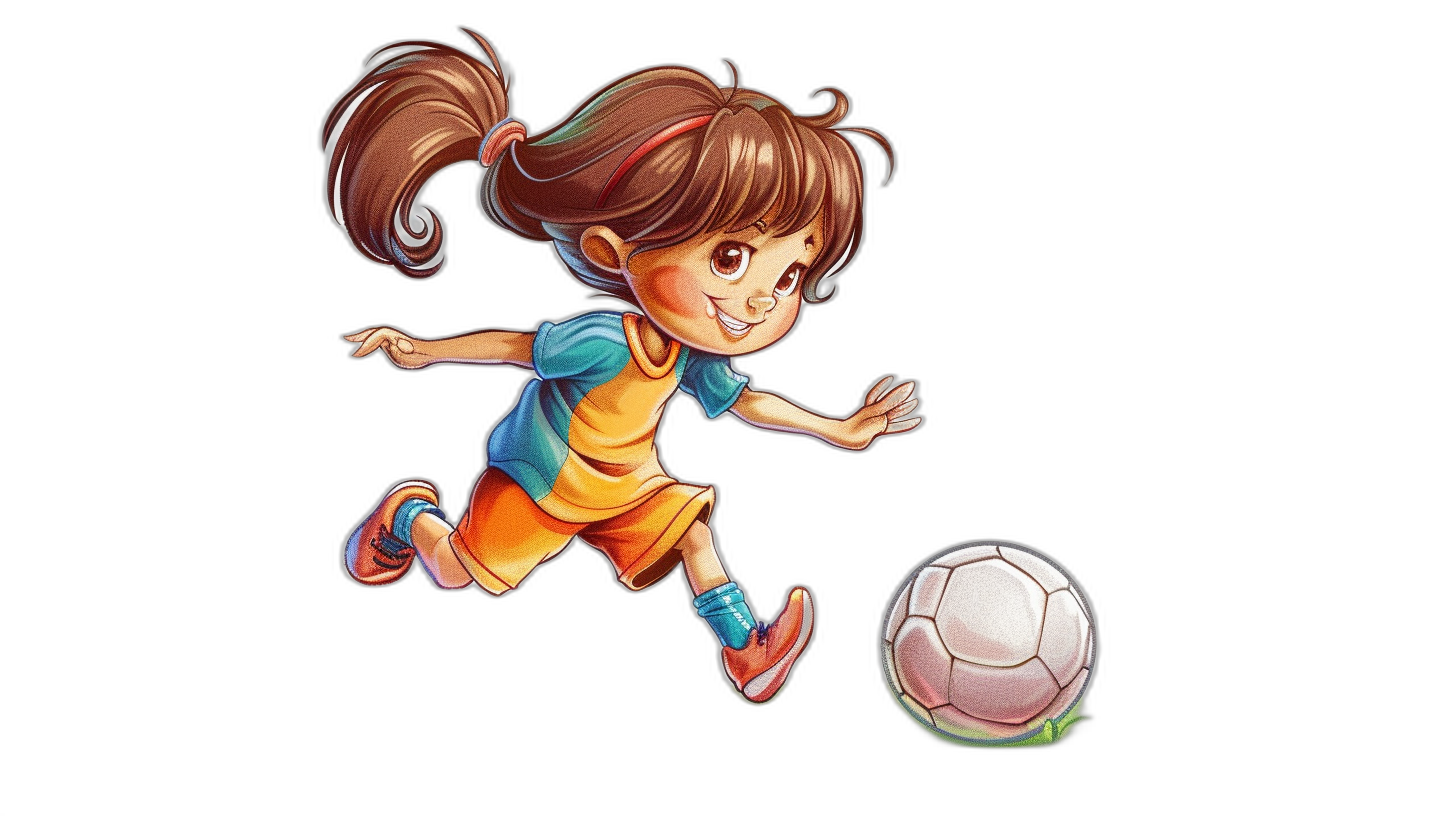 A cute little girl is playing football in the style of a cartoon. The simple drawing has a black background with a cartoon character design. The colorful  includes a blue and orange outfit with short brown hair in pigtails. She is jumping in the air to kick the ball with a smiling face and big eyes with long eyelashes. The full body shot is a 2D illustration with a simple drawing on a black background in a cartoon character design style. The colorful lighting uses a cartoon character design with a fullbody shown in a 3/4 angle perspective.