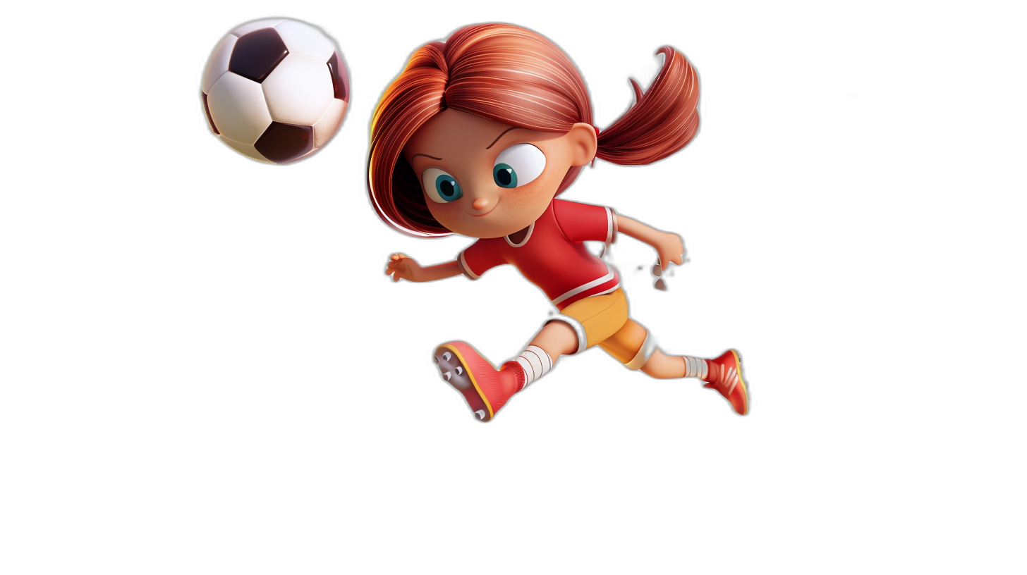 A cute little girl in a red t-shirt and yellow shorts playing soccer in the style of Pixar, in a cartoon style with a black background, 3d rendered in the style of Disney animation, cute with big eyes and a happy face, jumping with a ball and red hair.