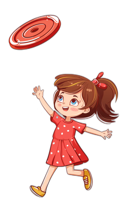 A cute little girl in a red dress is playing frisbee in a simple chibi style, vector illustration, on a pure black background.